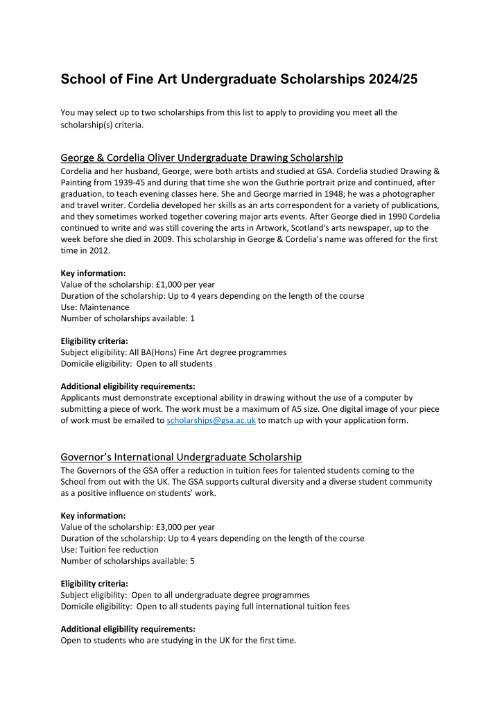 School of Fine Art Undergraduate GSA Scholarships 2024/25_April GSA Documents
