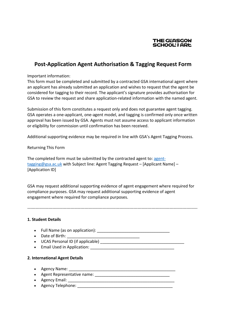 Post-Application Agent Authorisation & Tagging Request Form – GSA Documents